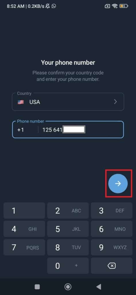 enter phone number with country code in telegram sign up