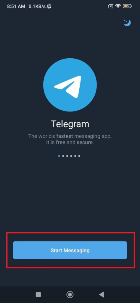 telegram sign up page in app